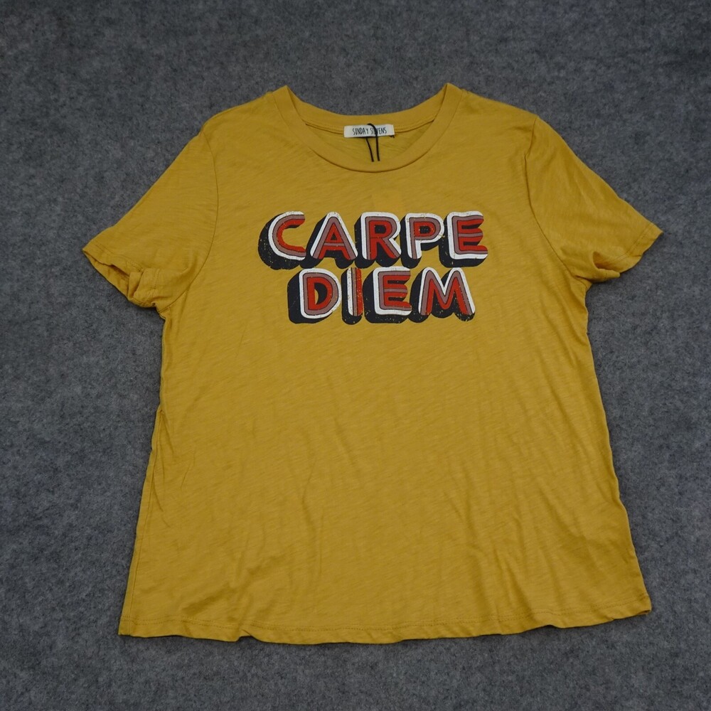 Sunday Stevens Shirt Womens Large L Yellow Red Short Sleeve Tee Solid Carpe Diem